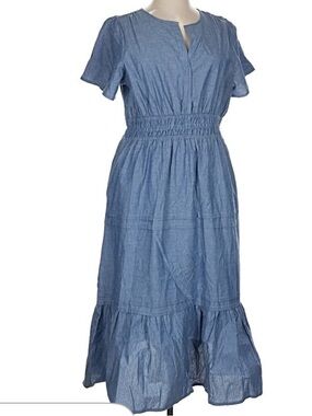 French Connection Cotton Blue Short Sleeve Smocked-Waist Maxi Dress